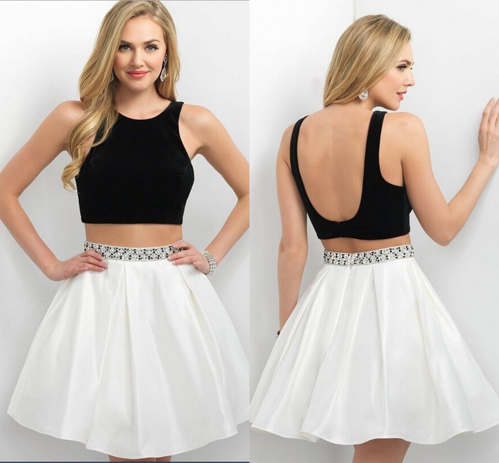 Black And White Evening Dresses Short A Line Open Back Cheap Princess Beaded Sequined