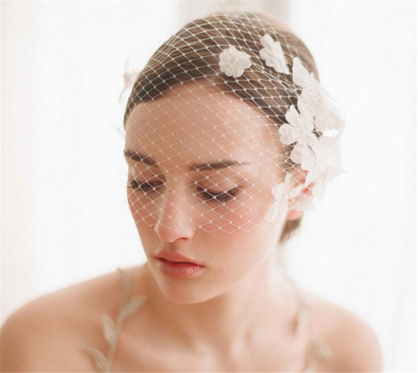 Vintage Wedding Bridal White Birdcage Veil Face Net Flower Combs