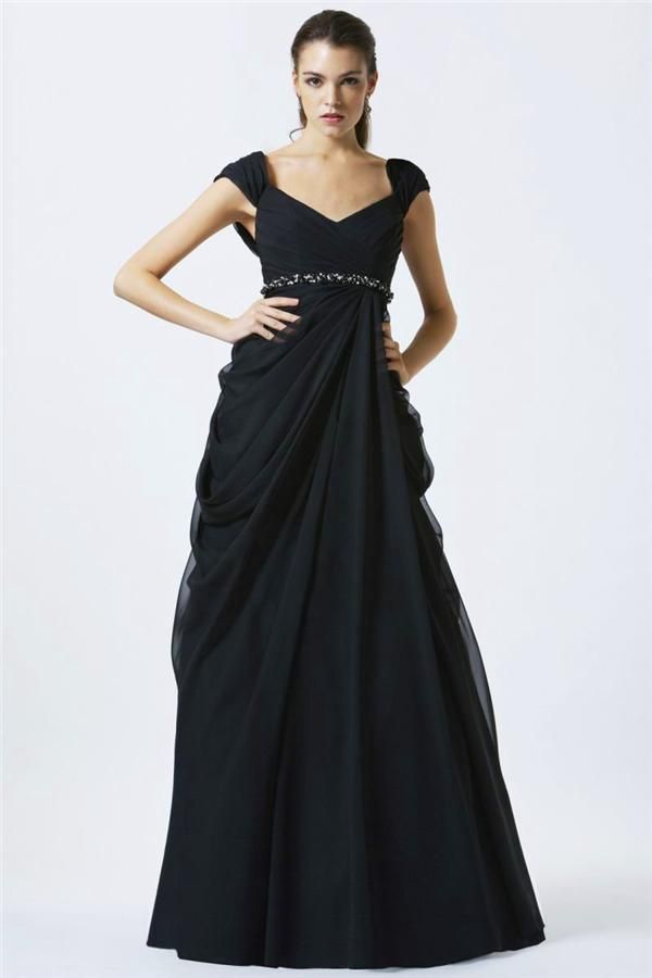 Elegant Grecian Style Evening Dresses A Line V Neck Pleated Cap Sleeves