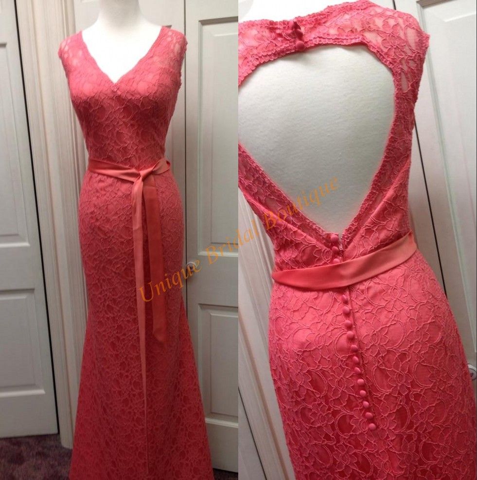 2016 Water Melon Bridesmaid Dresses With V Neck And Open Heart Back