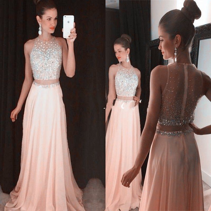 Blush Pink Crop Top Dresses Prom Gown Two Piece Silver Crystal Sheer Back Chiffon Sexy Long
