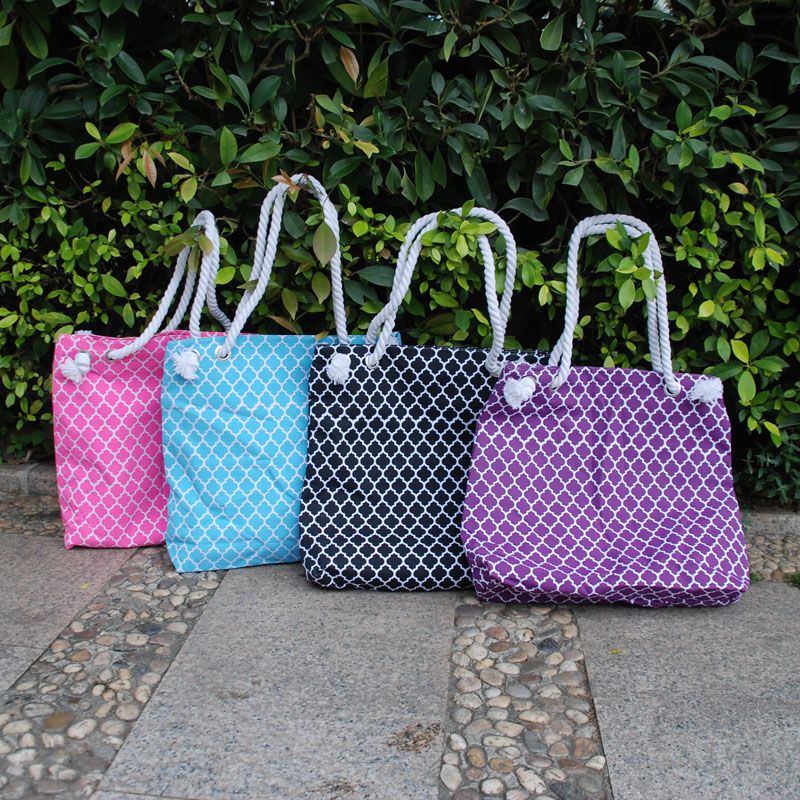 Wholesale Blanks Quatrefoil Beach Bag with Zipper Closure Large Tote Bag Casual Bag with Rope ...