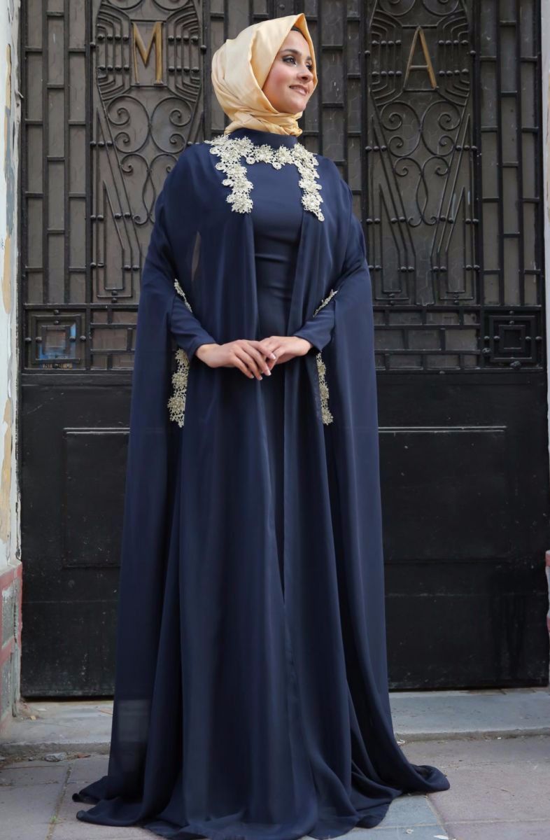 Middle East Dark Navy Dubai Muslim Evening Dresses With Cape Chiffon Long Sleeves Kaftan Abayas