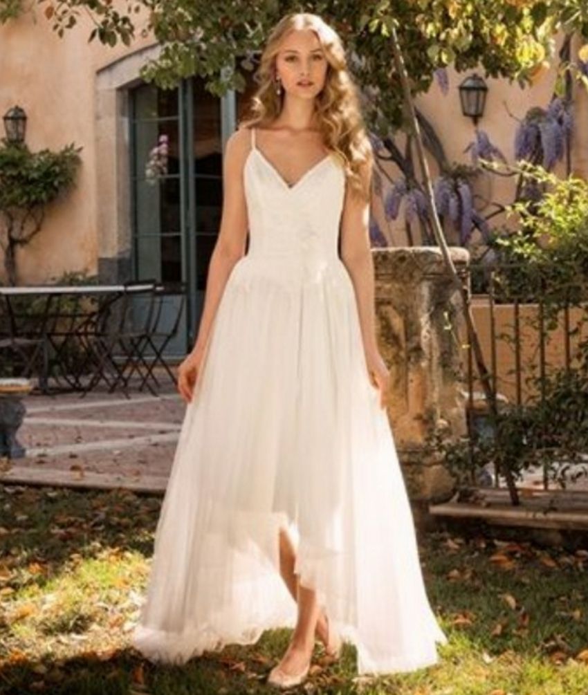 A Line Wedding Dress High Low Spaghetti Strap V Neck Zip