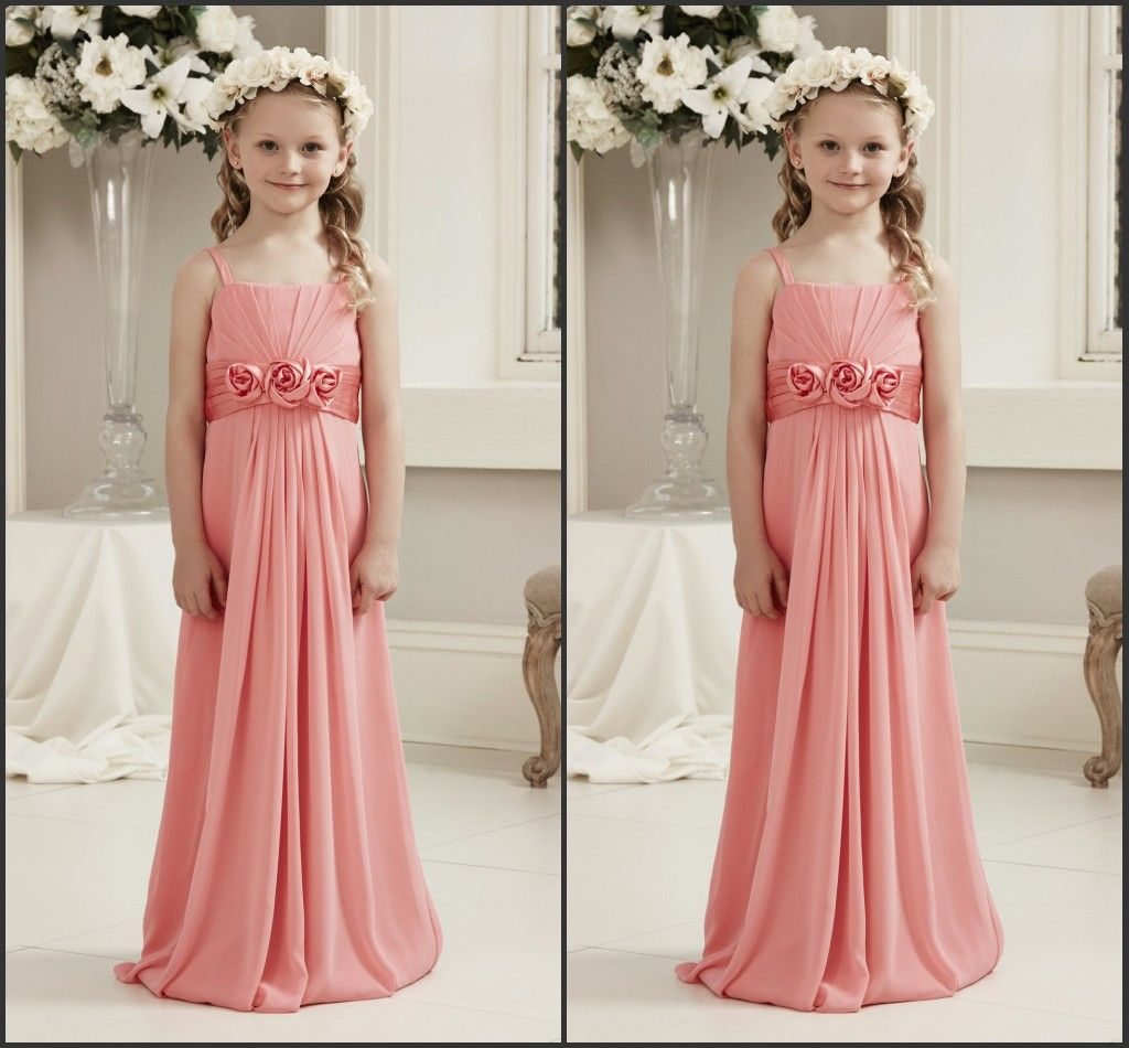 2017 Coral Junior Bridesmaid Dresses Spaghetti Straps Handmade Flowers