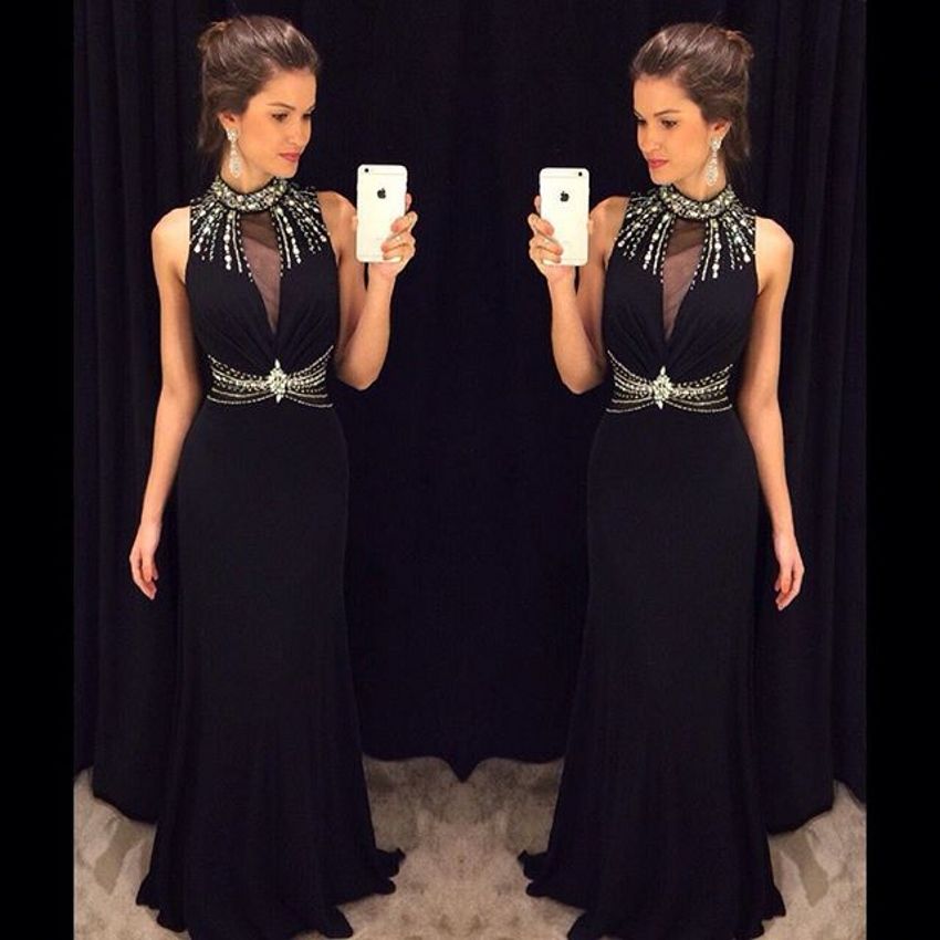 Cheap Long Black Dress Semi Formal Dresses Evening Wear High Beaded