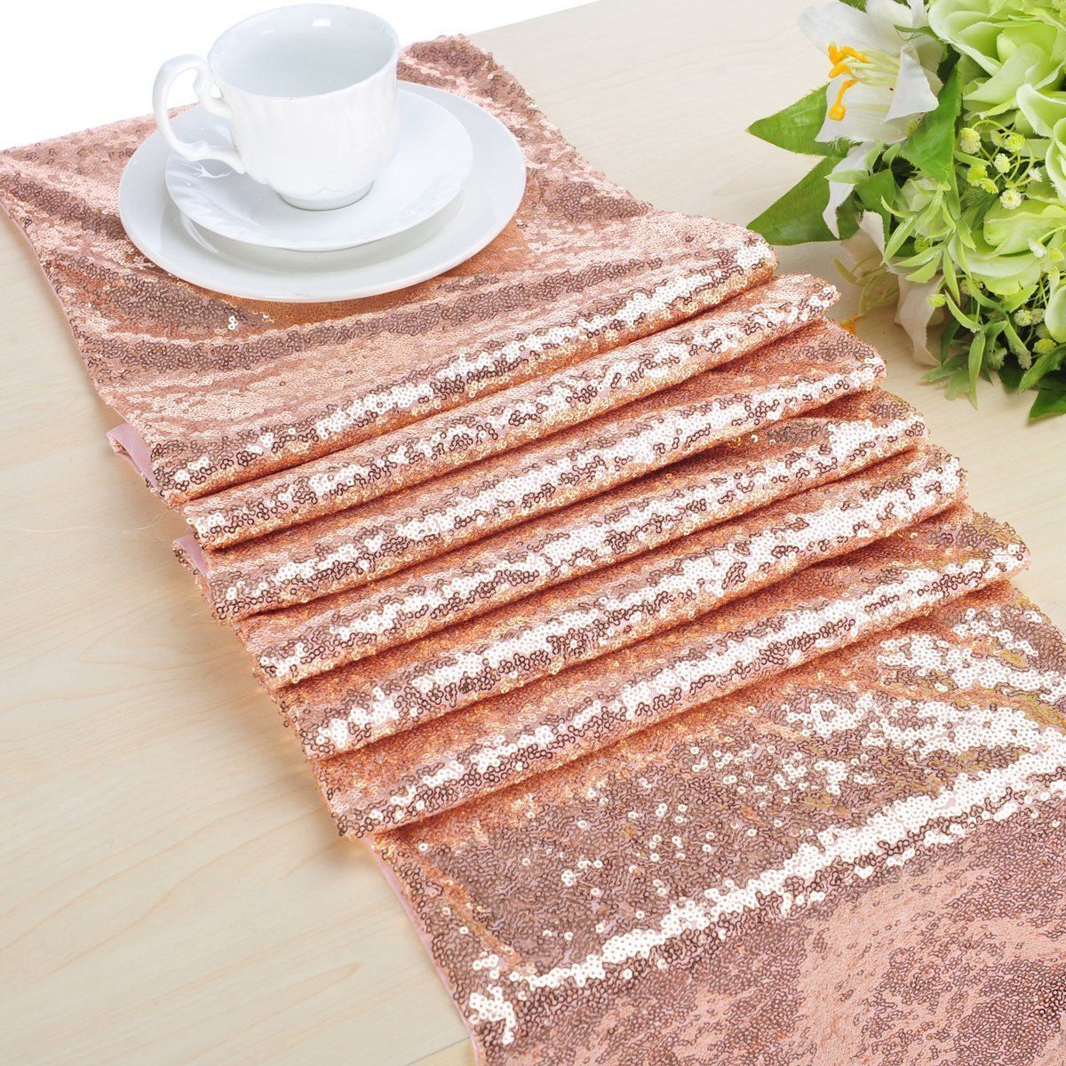 16''X72'' Rose Gold Sequin Table Runner, Sequin Table Cloth, Sequin