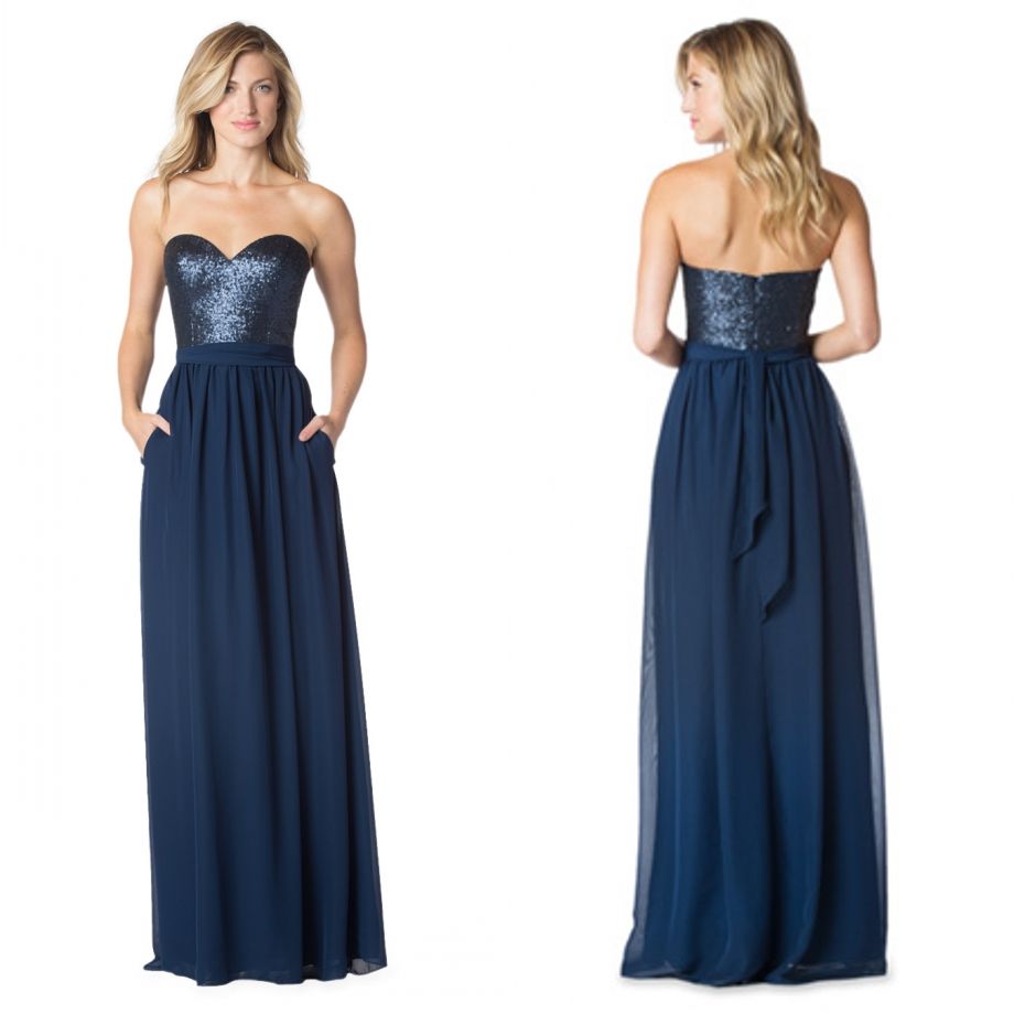 Dark Navy Blue Long Bridesmaid Dresses 2017 New Arrive Sequins Chiffon