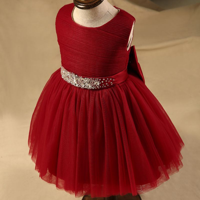 Wine Red Short Flower Girl Dresses 2016 A Line O Neck Pleat Bow Kids