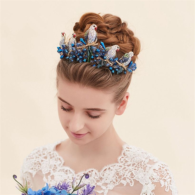 Vintage Wedding Bridal Crown Tiara Headpieces Blue Crystal Rhinestone