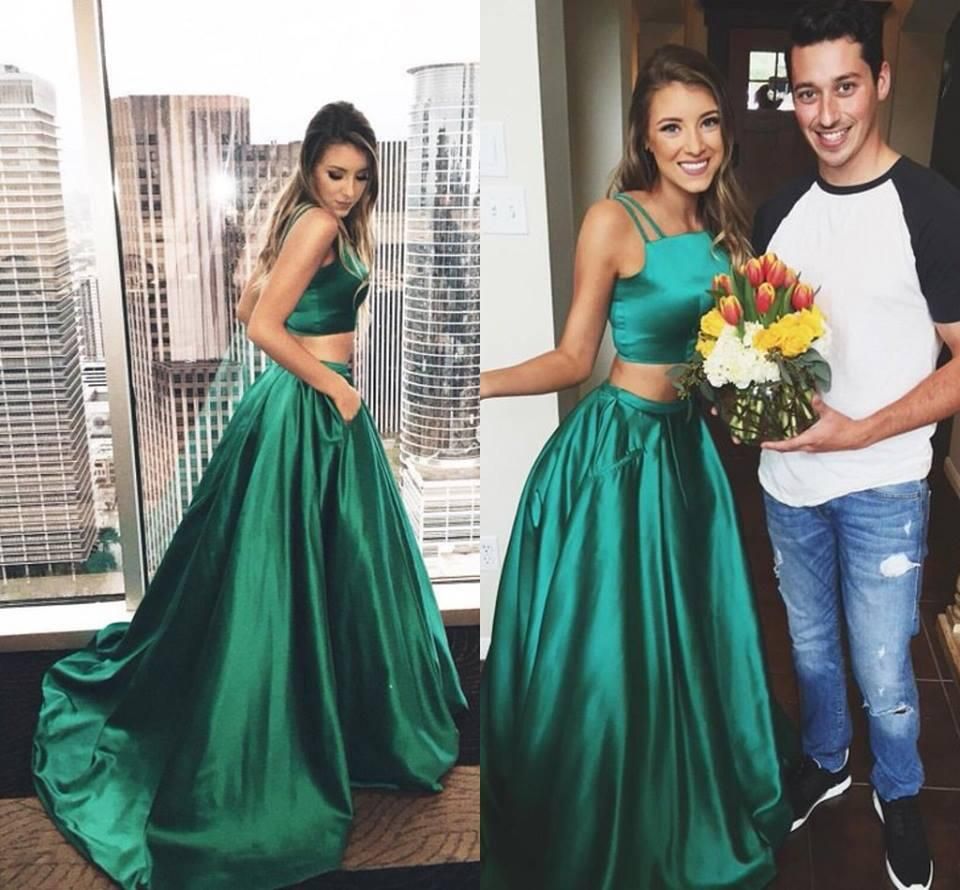 Hunter Green Two Pieces Prom Dresses 2017 Spaghetti Strapless A Line