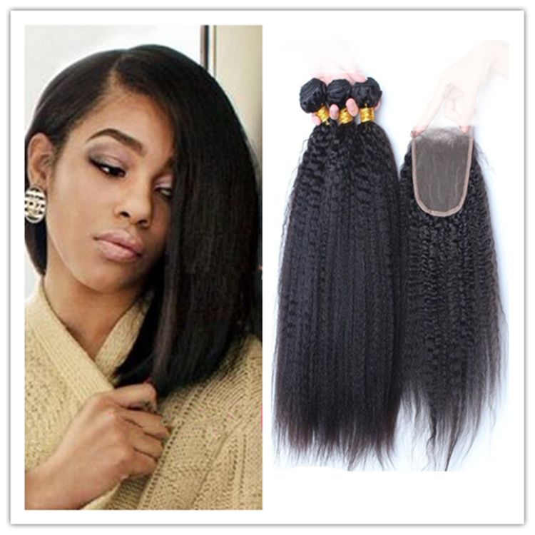 Coarse Yaki Human Hair Weft With Free Middle 3 Part Swiss Lace Closure