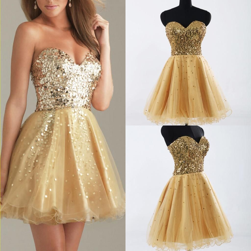Cheap Short Gold Dresses Sequins Sweetheart Backless 2016