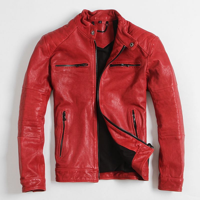 2017 2017 New Mens Red Leather Jacket Stand Collar High Quality Real