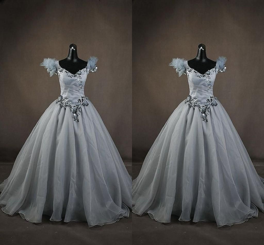 Aline Gray Applique Quinceanera Dresses With Beads Perals VNeck Long