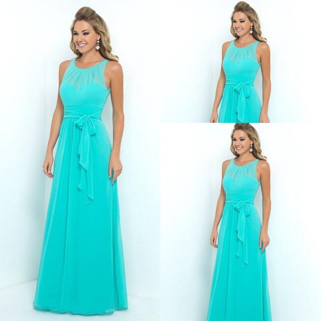 Turquoise Bridesmaid Dresses 2016 Jewel Neck Illusion Chiffon Summer