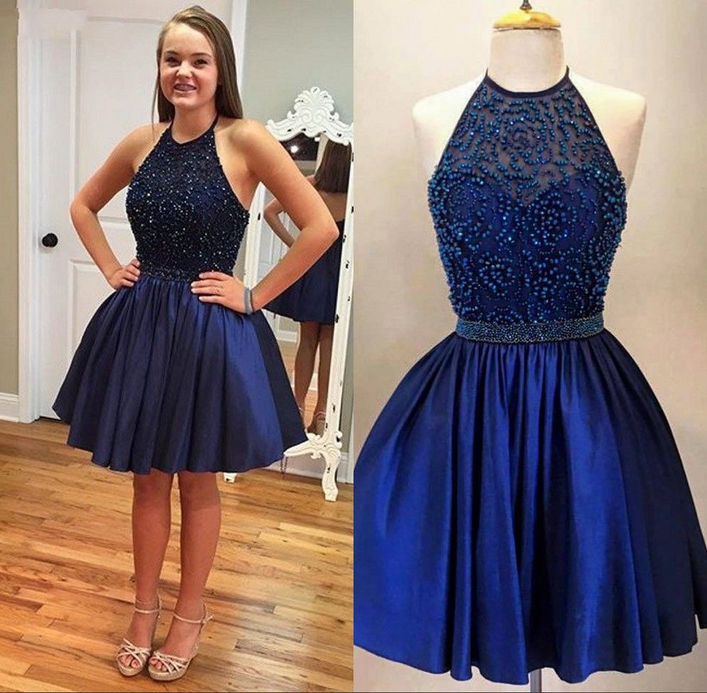 2016 Sparkly Short Knee Length A Line Open Back Halter Neck Navy Blue