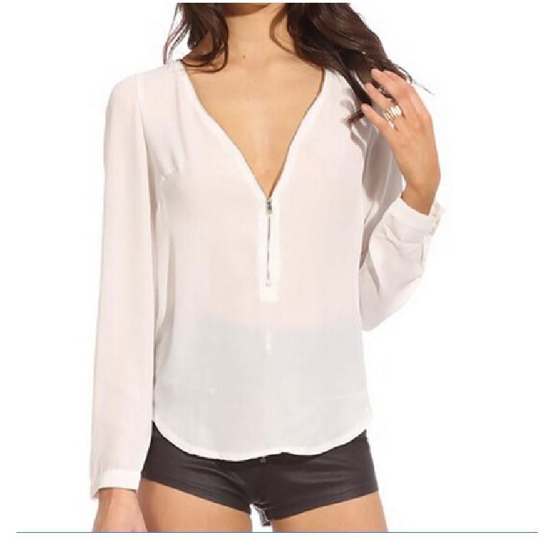 2017 Women Blouses Sheer Work Ladies Office Shirts V Neck Chiffon Cheap