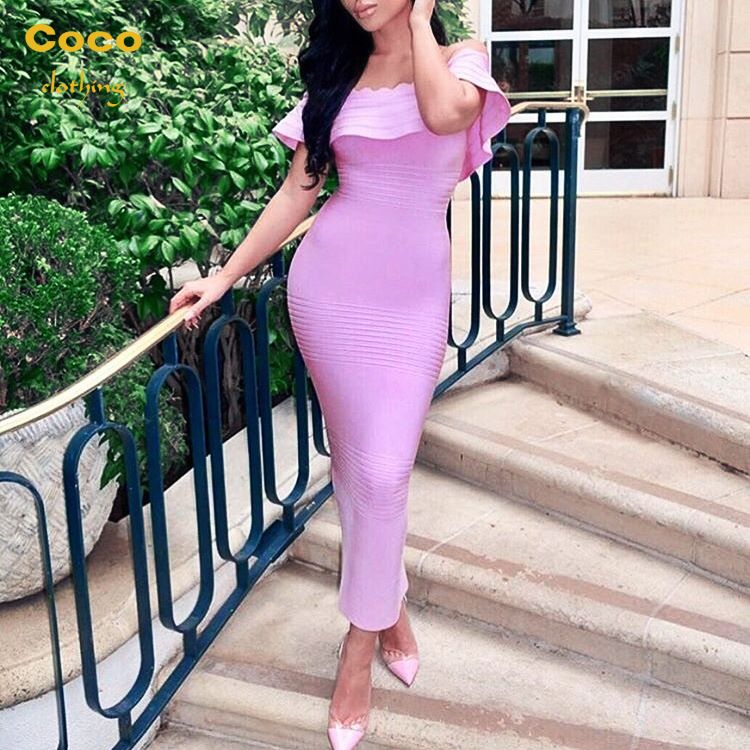 New Trend Europe Party Dress Summer 2016 New Women'S Boat Neck Ruffled Sleeve Women Pink Bandage