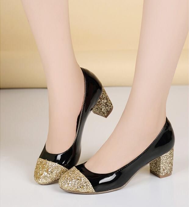 The New 2016 Single Shoes For Women'S Shoes Thick With Leather Sequins
