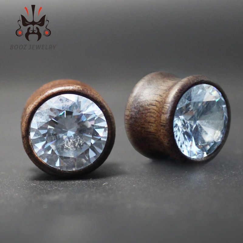2017 2016 Crystal Black Walnut Wood Piercing Gauges Ear Tunnel Plugs