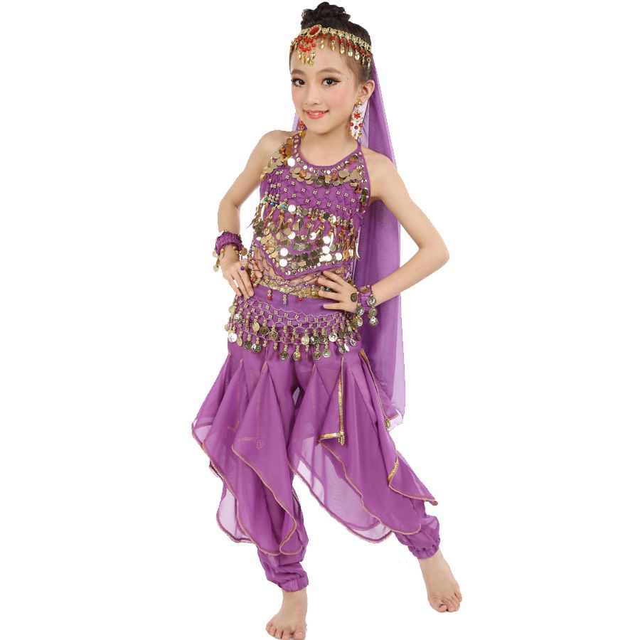 2017 Belly Dance Girls Top+Genie Pants+Waist Chain+Veil+Headwear