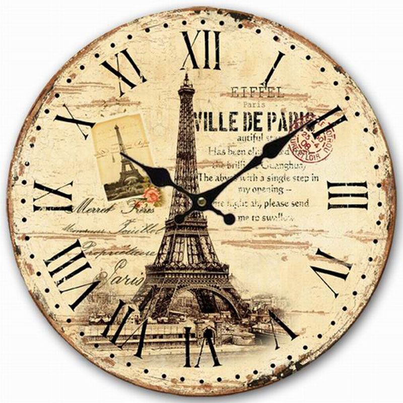 WholesaleEuropean Eiffel Tower Wall Clock Retro Vintage Antique Wooden Wall Clock Modern Design