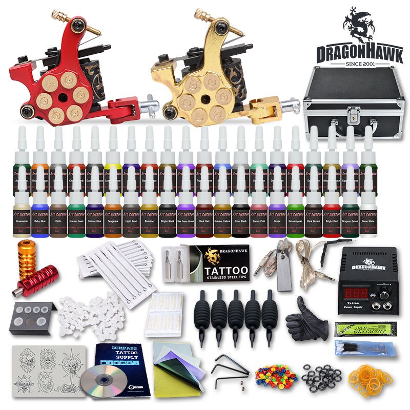 Complete Tattoo Kit 2 Guns Machines Ink Sets Disposable Needles Power
