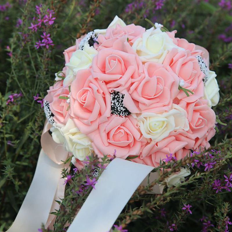 Online Cheap Pink Elegant Bridal Wedding Bouquet Plastic Roses,Romantic