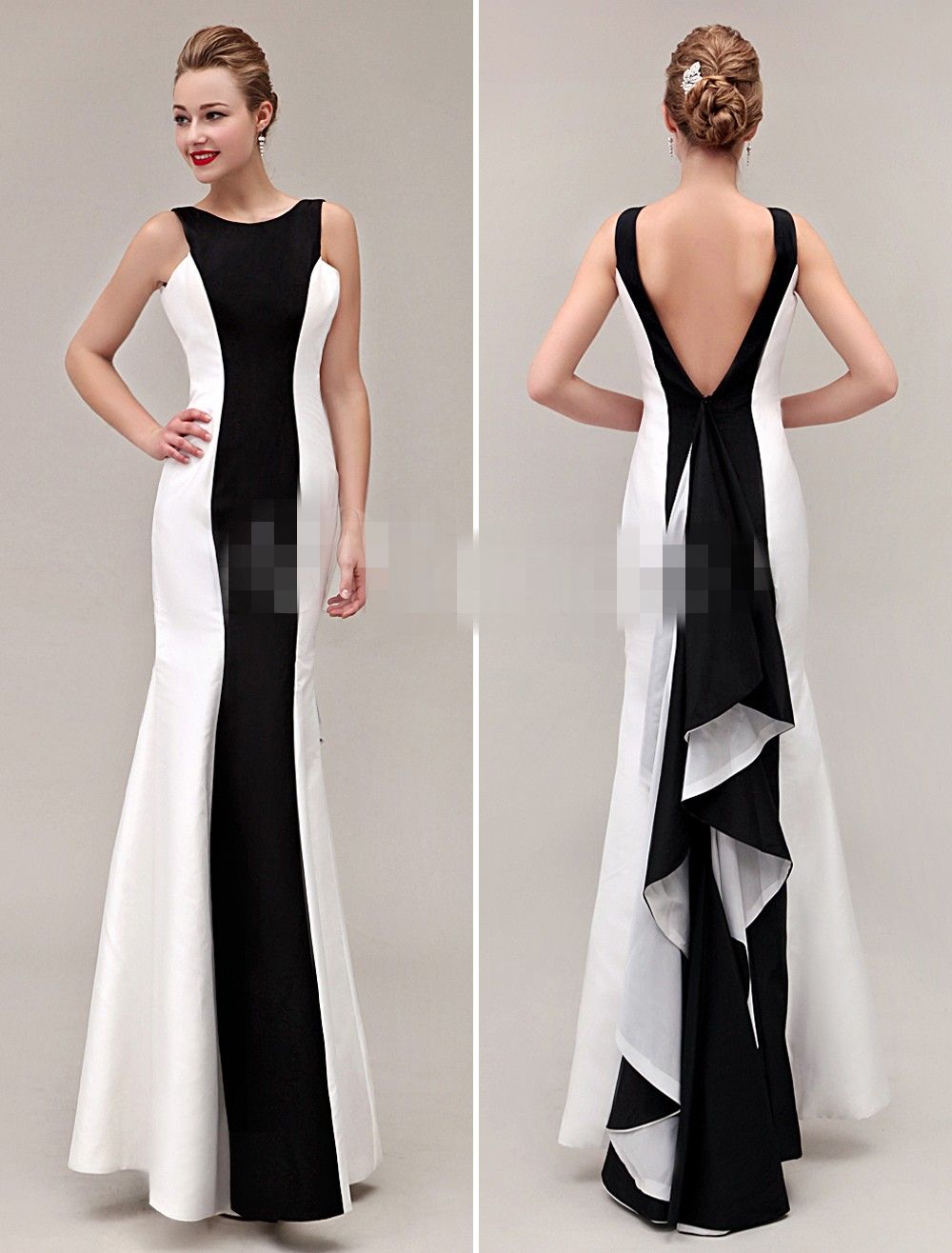 Cheap Evening Dresses White And Black Sheath Slim Lon Gprom Backless