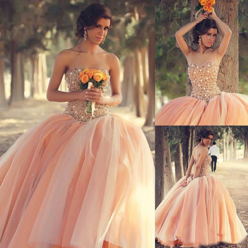 New Sexy Peach Quinceanera Dresses Strapless Organza Ball Gown Floral Colorful Winter 2017 Girls