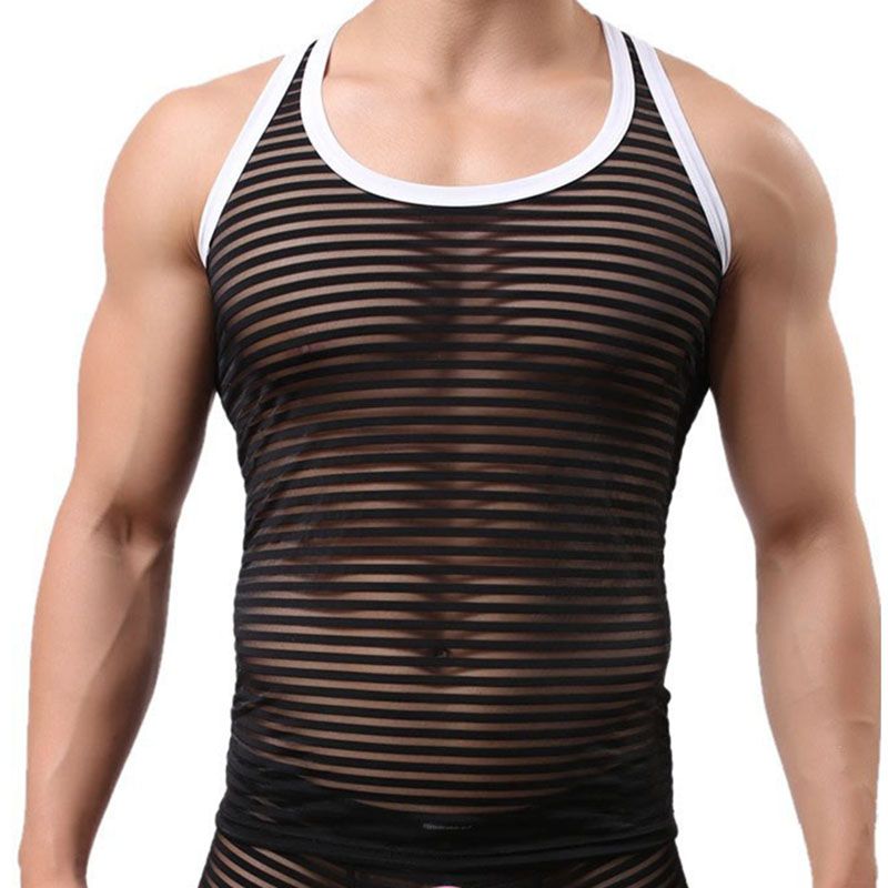 2017 Men Sexy Fun Striped Tank Tops Vest Male Singlet Lace Sheer Mesh