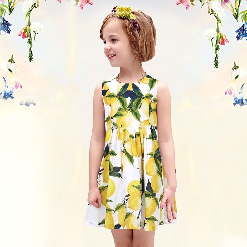 2018 Prettybaby Girls Summer Dress Children Lemon Floral Printed
