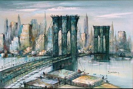 york bridge brooklyn framed painting mid century abstract oil canvas thick modern sizes painted multi hand larger