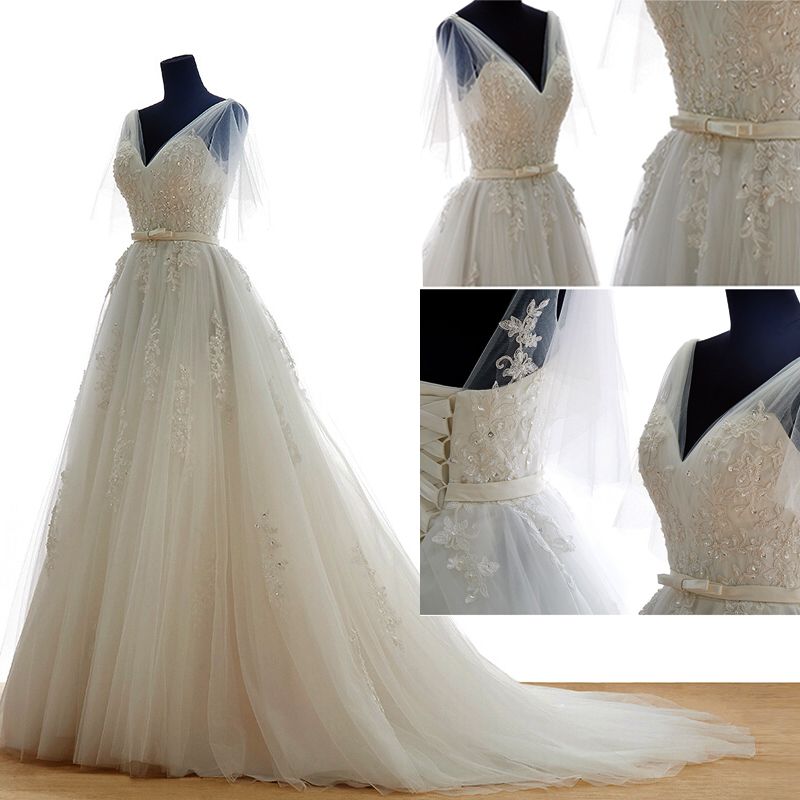 Discount 2016 Cheap Ivory Lace Wedding Dresses V Neck Wedding Dress