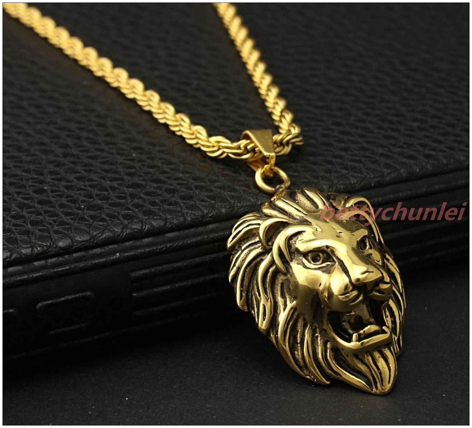 2017 Cool 18k Gold Plated 316l Stainless Steel Men'S Lion Head Pendant Necklace Free Rope Chain 