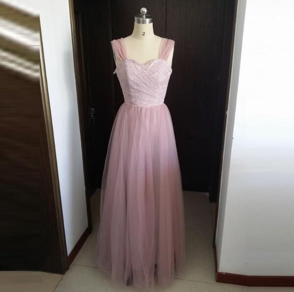 Rose Quartz Lace Long Bridesmaid Dresses Soft Tulle Removable Straps