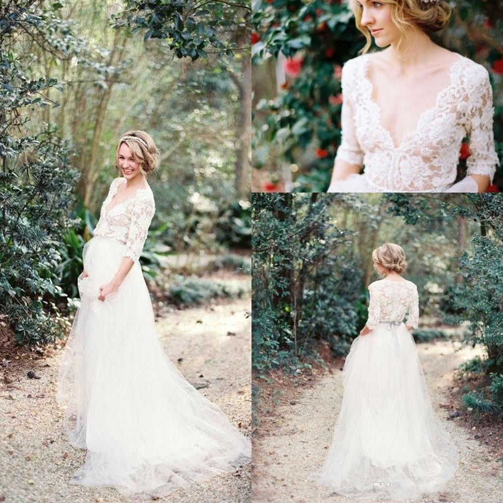 Modest Boho Wedding Dresses With Half Sleeves Sexy Deep V