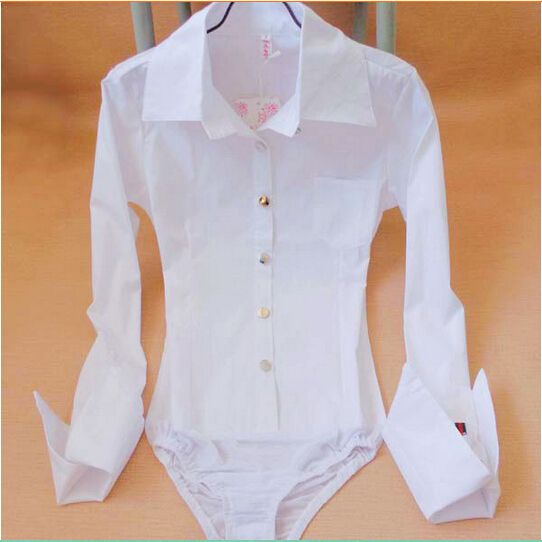 Women New Style Pocket Pointed Cuff Bodysuit Blouse Ladies Career Slim Long Sleeve Button Down