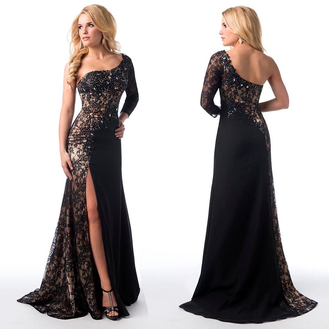 2016 Sheer Lace Black Evening Dresses with One Shoulder Beaded Chiffon