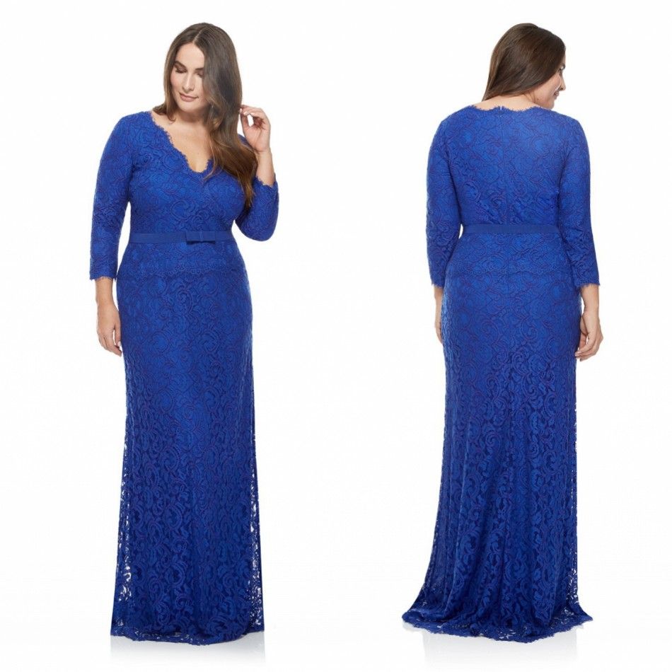 Plus Size Special Occasion Dresses Navy Blue Lace V Neck Long Sleeve