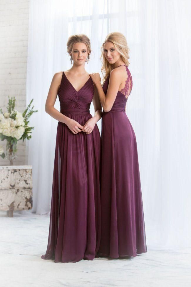 2016 Long Plum Bridesmaid Dresses V Neck Lace Appliques Chiffon Floor