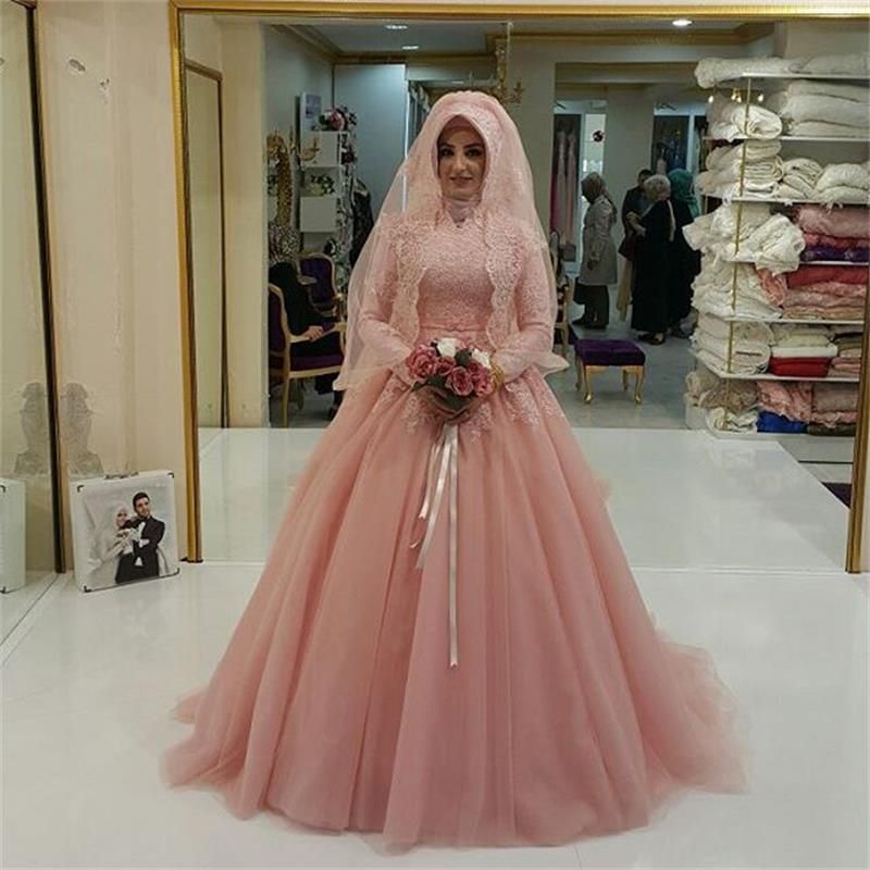 Muslim Ball Gown Wedding Dresses Long Sleeve Applique Turkish Islamic Women Bridal Gown With 