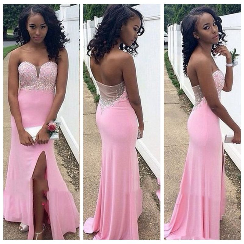 Sweetheart Pink Prom Dresses High Split Black Girls Beaded Rhinestone