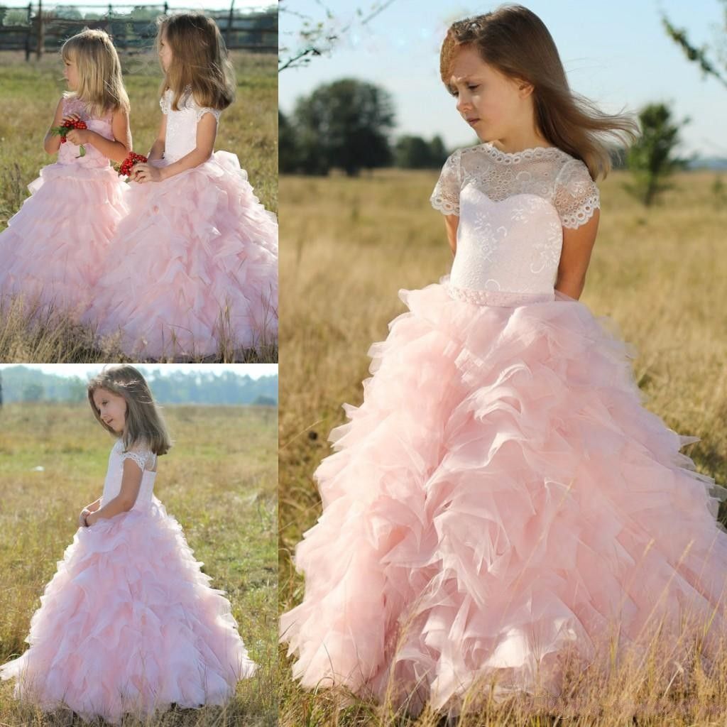 Light Pink Ball Gown Flower Girls Dresses Short Sleeves Organza Lace Pageant Dress For Kids