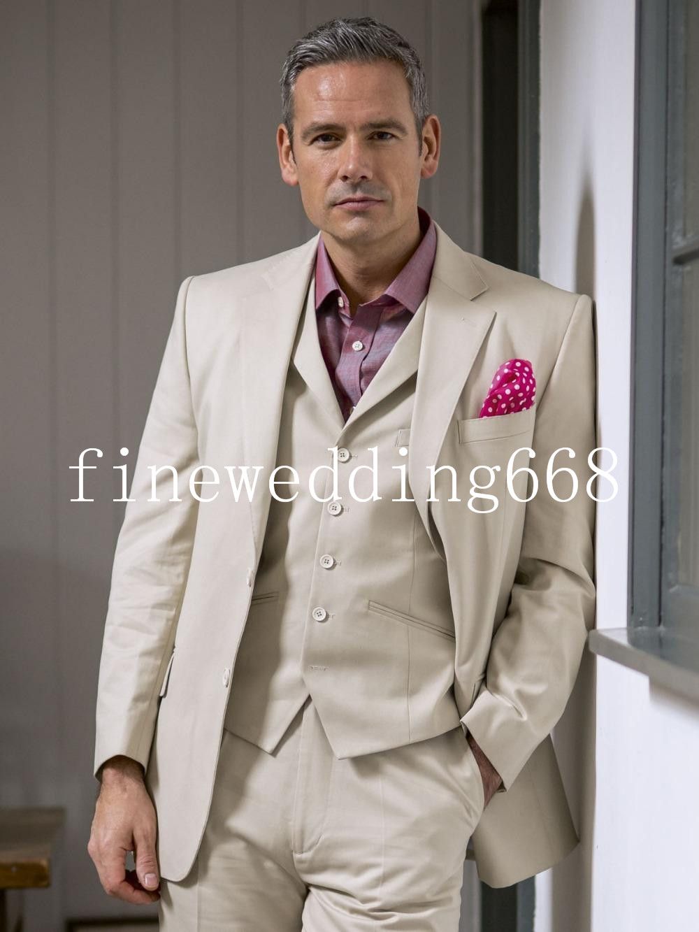 Custom Made Notch Lapel Beige Groom Tuxedos Groomsmen Best Man Suit