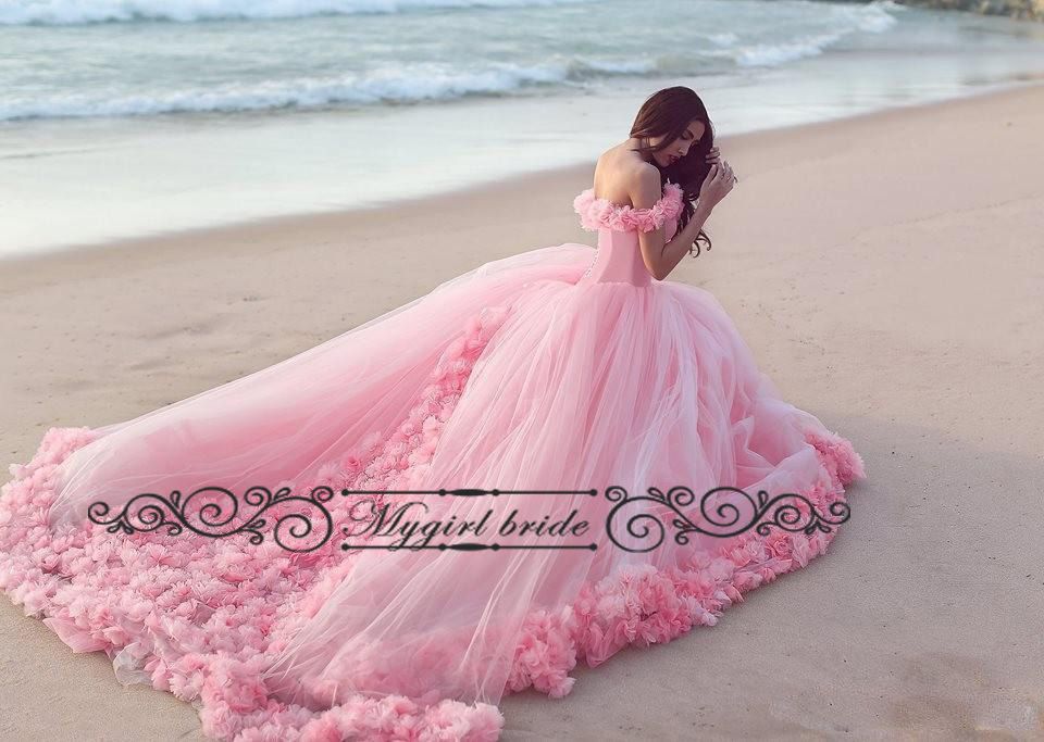 Long Train Pink Quinceanera Dresses 2017 Sweet 16 Dress Ball Gowns