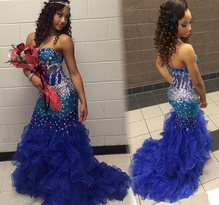 2016 Sparkling Royal Blue Mermaid Prom Dresses Strapless Crystals