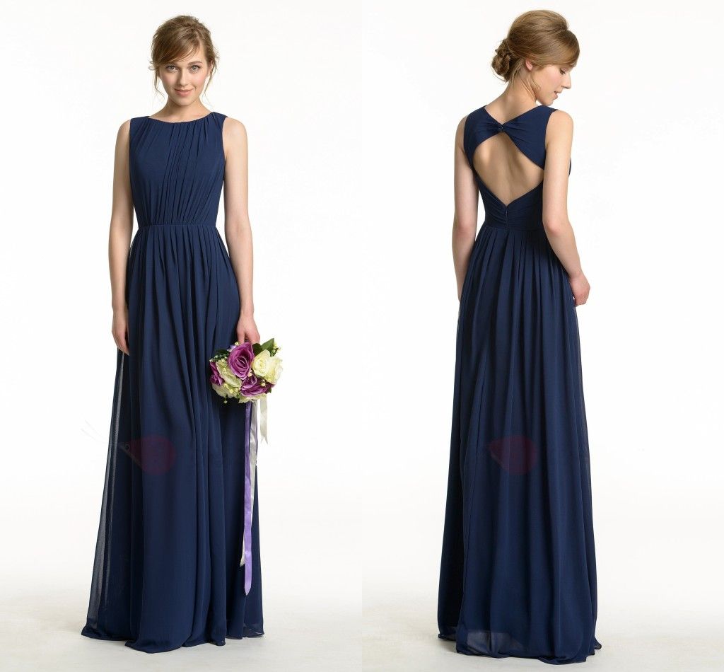 2017 Navy Blue Cheap Bridesmaids Dresses Chiffon Long Pleats Bateau Cap