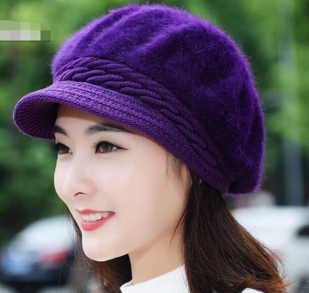 2018 Women Rabbit Hair Berets Hats Warm Knitted Wool Caps Solid Color